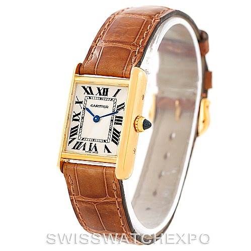 The image shows a Cartier Tank Louis W1529856 Women's Yellow Gold Silver Dial W1529856 Women's Yellow Gold Silver Dial watch from a slightly angled top view, displaying the dial, case, and strap.
