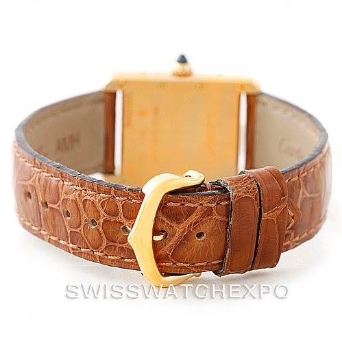 This image shows the rear view of a Cartier Tank Louis W1529856 Women's Yellow Gold Silver Dial W1529856 Women's Yellow Gold Silver Dial model, highlighting the leather strap and buckle.