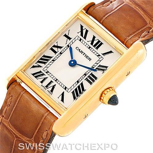 The image shows a close-up, angled view of the Cartier Tank Louis W1529856 Women's Yellow Gold Silver Dial W1529856 Women's Yellow Gold Silver Dial watch, highlighting its face, Roman numerals, and brown leather strap.