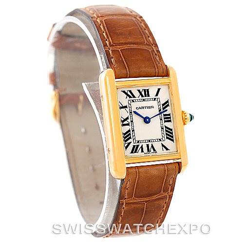 The image shows a Cartier Tank Louis W1529856 Women's Yellow Gold Silver Dial W1529856 Women's Yellow Gold Silver Dial watch at a three-quarter angle, displaying the face, casing, crown, and leather strap.
