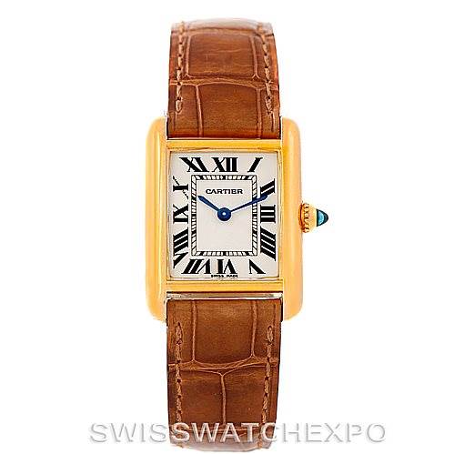 This image shows a front view of the Cartier Tank Louis W1529856 Women's Yellow Gold Silver Dial W1529856 Women's Yellow Gold Silver Dial watch, highlighting its gold case, brown leather strap, and Roman numeral dial.