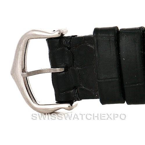 This image shows a close-up of the leather strap and buckle of a Cartier Tank Louis W1541056 Women's White Gold Silver Dial W1541056 Women's White Gold Silver Dial watch.