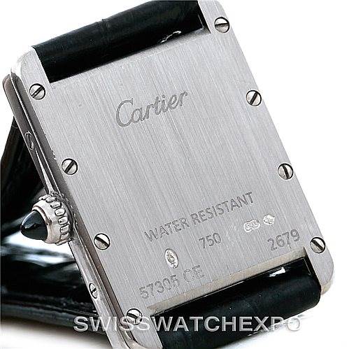 The image shows the back case of a Cartier Tank Louis W1541056 Women's White Gold Silver Dial W1541056 Women's White Gold Silver Dial watch, highlighting the engravings and crown.