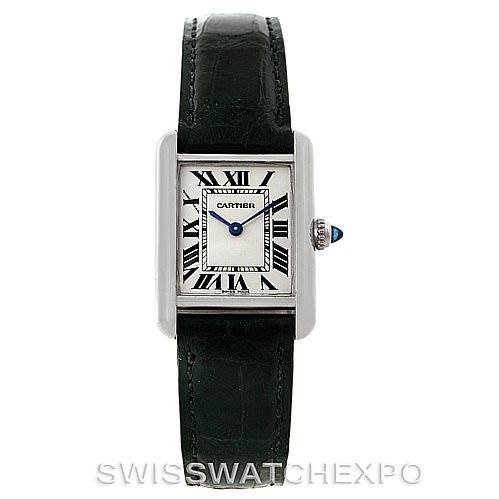 The image shows a front view of the Cartier Tank Louis W1541056 Women's White Gold Silver Dial W1541056 Women's White Gold Silver Dial watch, displaying its face, Roman numerals, and black leather strap.