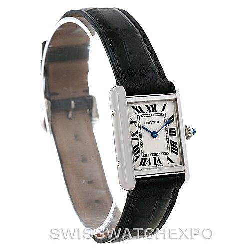 The image shows a Cartier Tank Louis W1541056 Women's White Gold Silver Dial W1541056 Women's White Gold Silver Dial watch from an angled side view, highlighting the face, case, and leather strap.