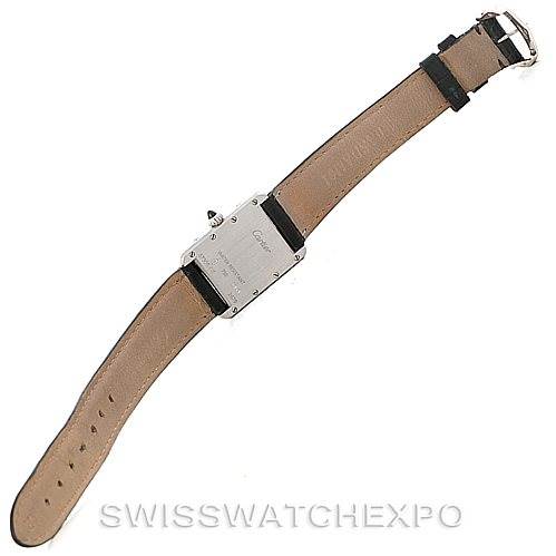 The image shows the back view of the Tank Louis model watch by Cartier, displaying the strap, buckle, and back casing.