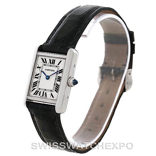 The image shows a side angle of the Cartier Tank Louis W1541056 Women's White Gold Silver Dial W1541056 Women's White Gold Silver Dial watch, highlighting its black leather strap and rectangular dial with Roman numerals.