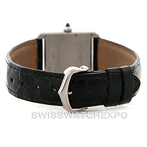 This image shows the back and black leather strap with a silver buckle of the Cartier Tank Louis W1541056 Women's White Gold Silver Dial W1541056 Women's White Gold Silver Dial watch from a rear angle.