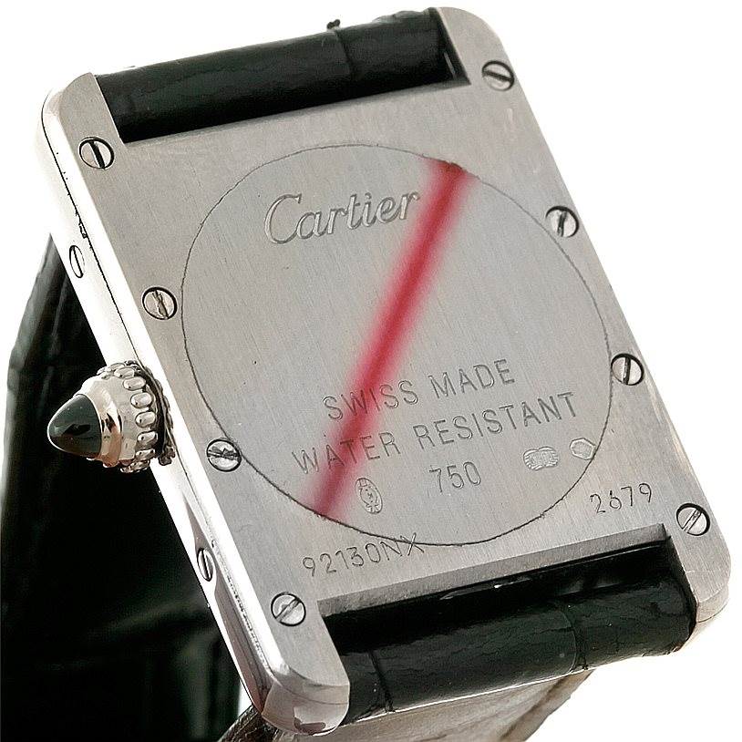 The image shows the back of a Cartier Tank Louis W1541056 Women's White Gold Silver Dial W1541056 Women's White Gold Silver Dial watch, highlighting its case back details and crown.