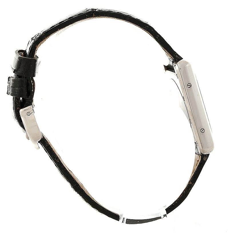 The image shows a side view of a Tank Louis model by Cartier, highlighting its case, crown, lug, and strap.