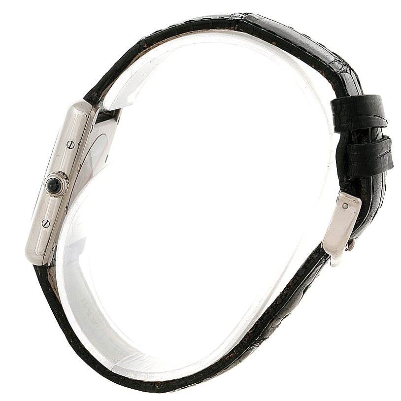 The image shows a side angle of the Cartier Tank Louis W1541056 Women's White Gold Silver Dial W1541056 Women's White Gold Silver Dial model watch, highlighting the profile, strap, and crown.