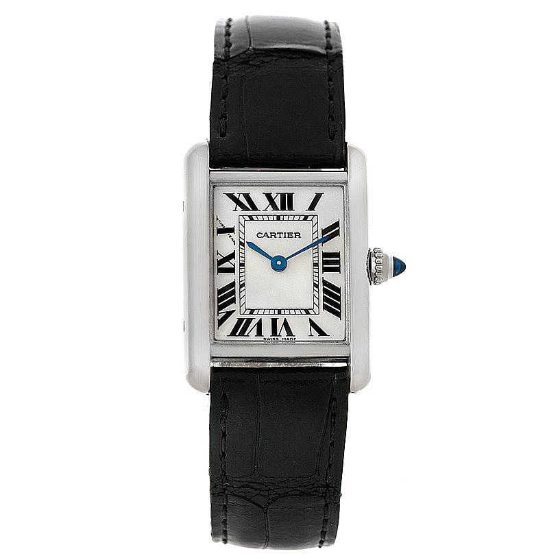 This image shows the face, strap, and crown of the Tank Louis watch by Cartier, viewed from the front.