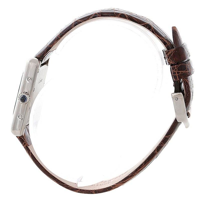 The image shows a side view of the Tank Louis model by Cartier, highlighting the watch face, crown, and leather strap.