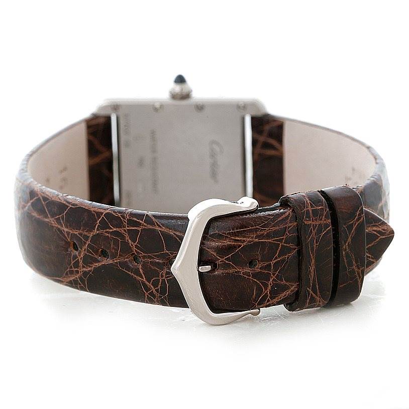 This image shows the back of a Cartier Tank Louis W1541056 Women's White Gold Silver Dial W1541056 Women's White Gold Silver Dial watch, highlighting the leather strap and buckle.