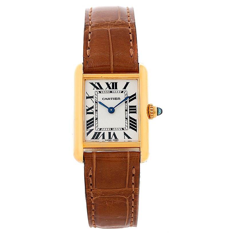 This image shows a front view of the Cartier Tank Louis W1529856 Women's Yellow Gold Silver Dial W1529856 Women's Yellow Gold Silver Dial watch, highlighting its rectangular dial and brown leather strap.