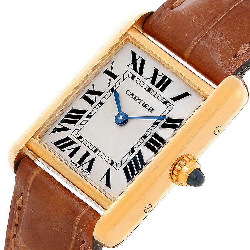 The Cartier Tank Louis W1529856 Women's Yellow Gold Silver Dial W1529856 Women's Yellow Gold Silver Dial watch is shown from a front angle, highlighting its rectangular face, Roman numerals, and crown.
