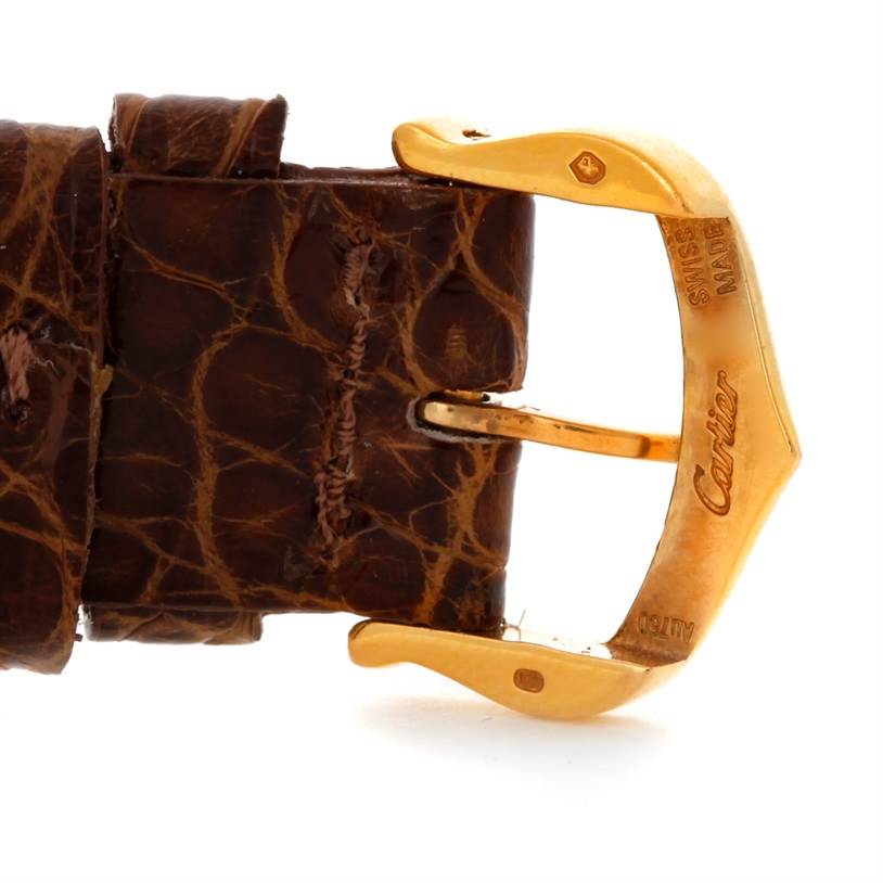 This image shows the buckle and strap end of a Cartier Tank Louis W1529856 Women's Yellow Gold Silver Dial W1529856 Women's Yellow Gold Silver Dial watch in close-up detail.