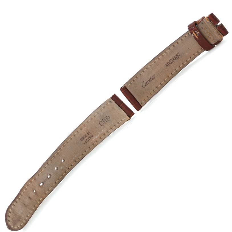 The image shows two separate leather straps for a Cartier Tank Louis W1529856 Women's Yellow Gold Silver Dial W1529856 Women's Yellow Gold Silver Dial model watch, viewed from the underside.