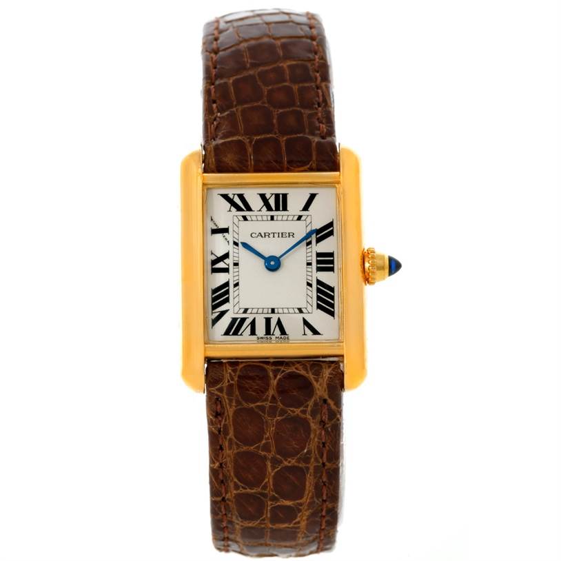 The image shows a head-on view of the Cartier Tank Louis W1529856 Women's Yellow Gold Silver Dial W1529856 Women's Yellow Gold Silver Dial watch, highlighting the rectangular case, dial, crown, and leather strap.