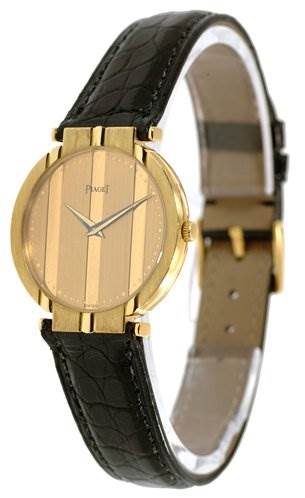 The image shows a side angle of the Piaget 8673 Men's Yellow Gold Champagne Dial 8673 Men's Yellow Gold Champagne Dial Polo 8673 Men's 18k Yellow Gold watch with a black leather strap.