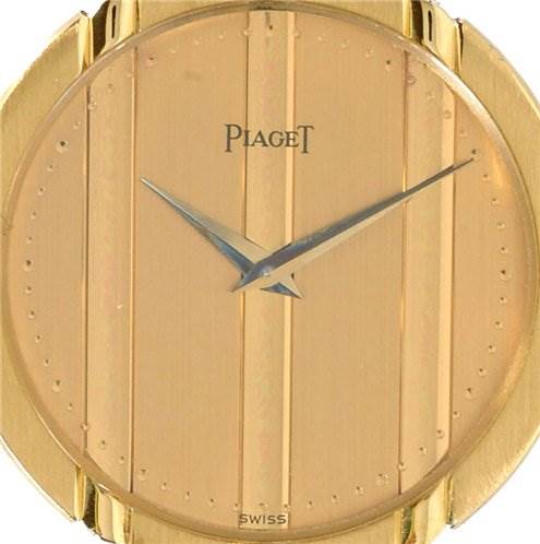 The image shows a frontal view of the dial and hands of a Mens 18k Yellow Gold Piaget 8673 Men's Yellow Gold Champagne Dial 8673 Men's Yellow Gold Champagne Dial Polo 8673 Unworn Watch.