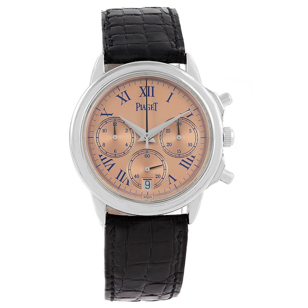 The image shows a front view of the Piaget 12978 Men's Platinum Pink Dial 12978 Men's Platinum Pink Dial Chronograph Gouverneur Platinum Salmon Dial Mens Watch 12978, highlighting its dial and strap.
