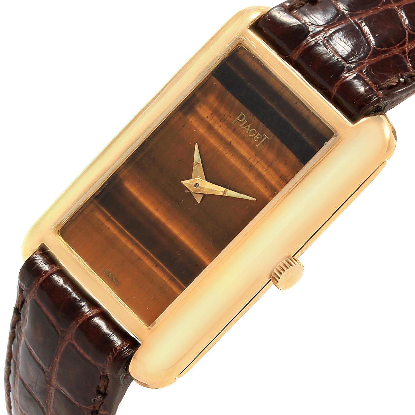 The image shows a close-up view of the Piaget 9228 Women's Yellow Gold Brown Dial 9228 Women's Yellow Gold Brown Dial Ladies Watch 9228 model, focusing on the 18K yellow gold case, tiger eye stone dial, and crown.