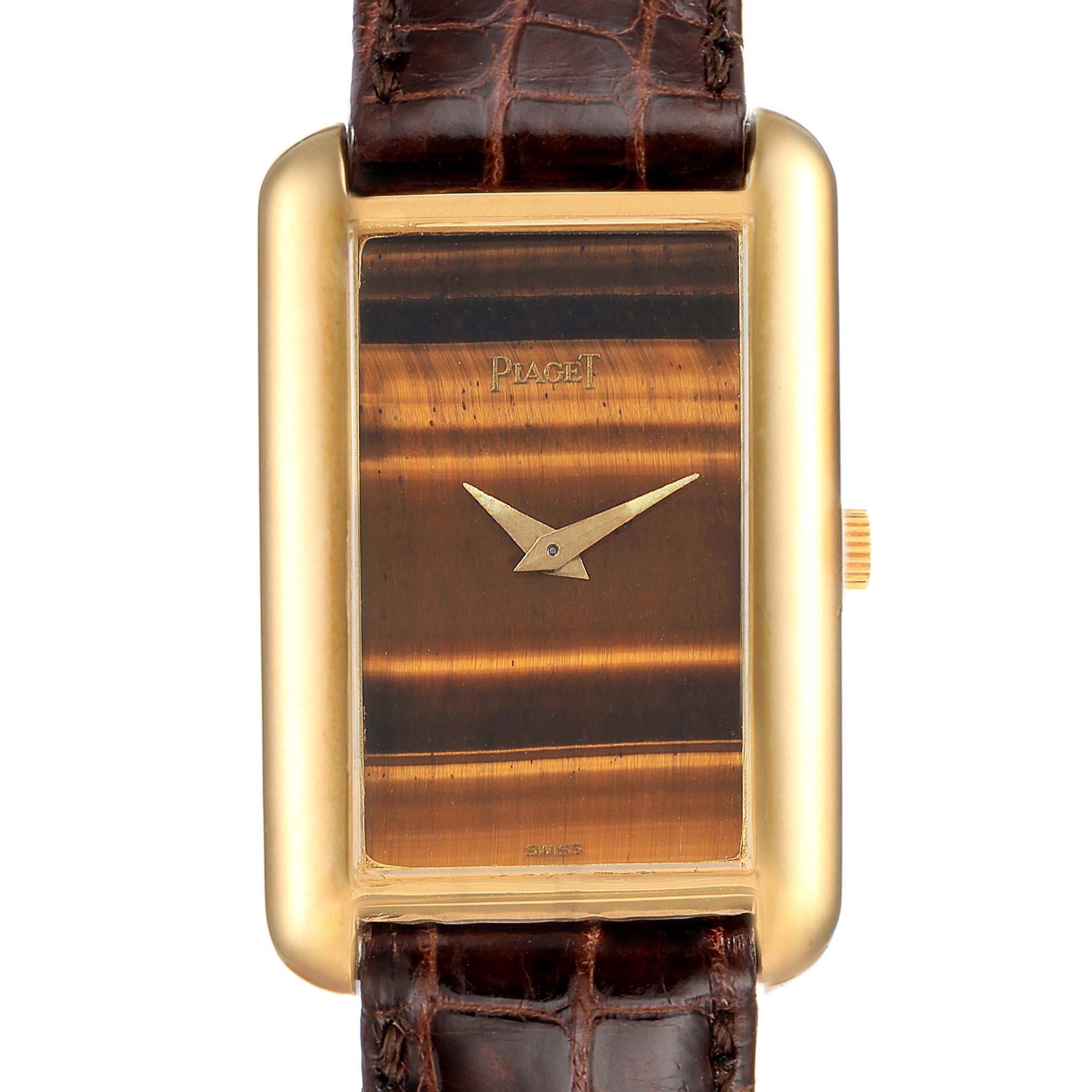 This is a frontal view of the Piaget 9228 Women's Yellow Gold Brown Dial 9228 Women's Yellow Gold Brown Dial 18K Yellow Gold Tiger Eye Stone Dial Ladies Watch 9228 model, showing the dial and straps.