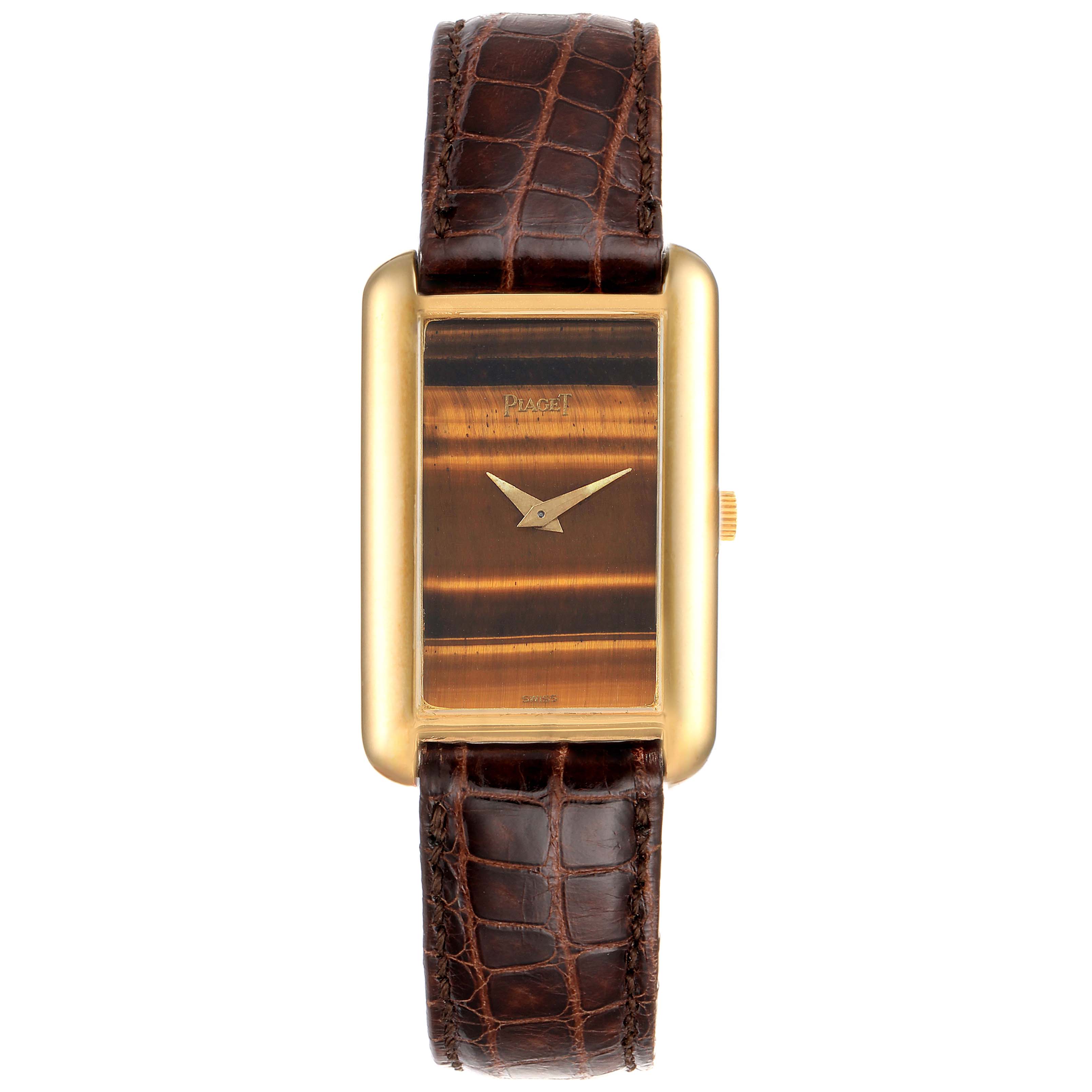 The image shows a front view of the Piaget 9228 Women's Yellow Gold Brown Dial 9228 Women's Yellow Gold Brown Dial 9228 18K Yellow Gold Tiger Eye Stone Dial Ladies Watch, including the dial and leather strap.