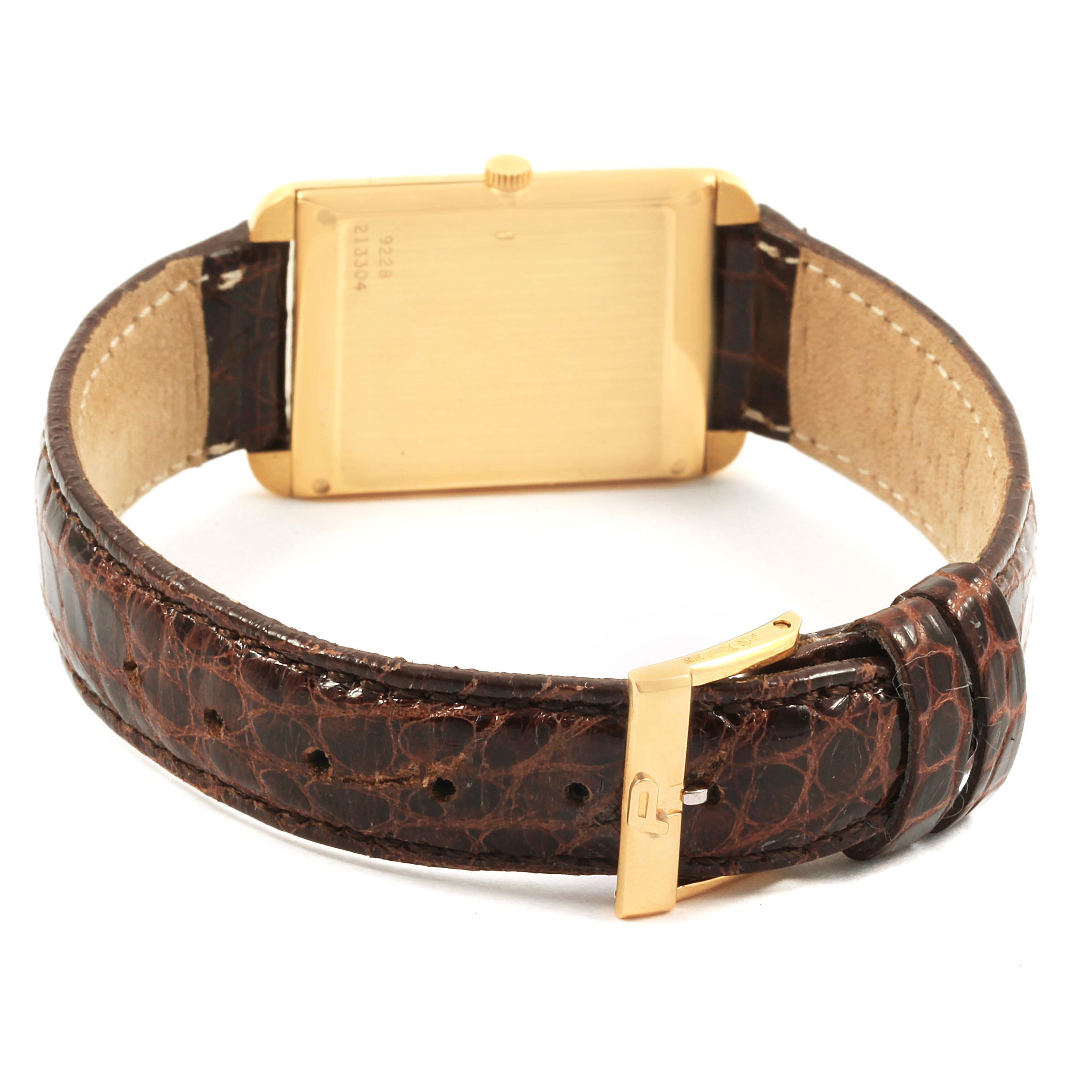 The image shows the back view and strap of the Piaget 9228 Women's Yellow Gold Brown Dial 9228 Women's Yellow Gold Brown Dial 18K Yellow Gold Tiger Eye Stone Dial Ladies Watch 9228 model.