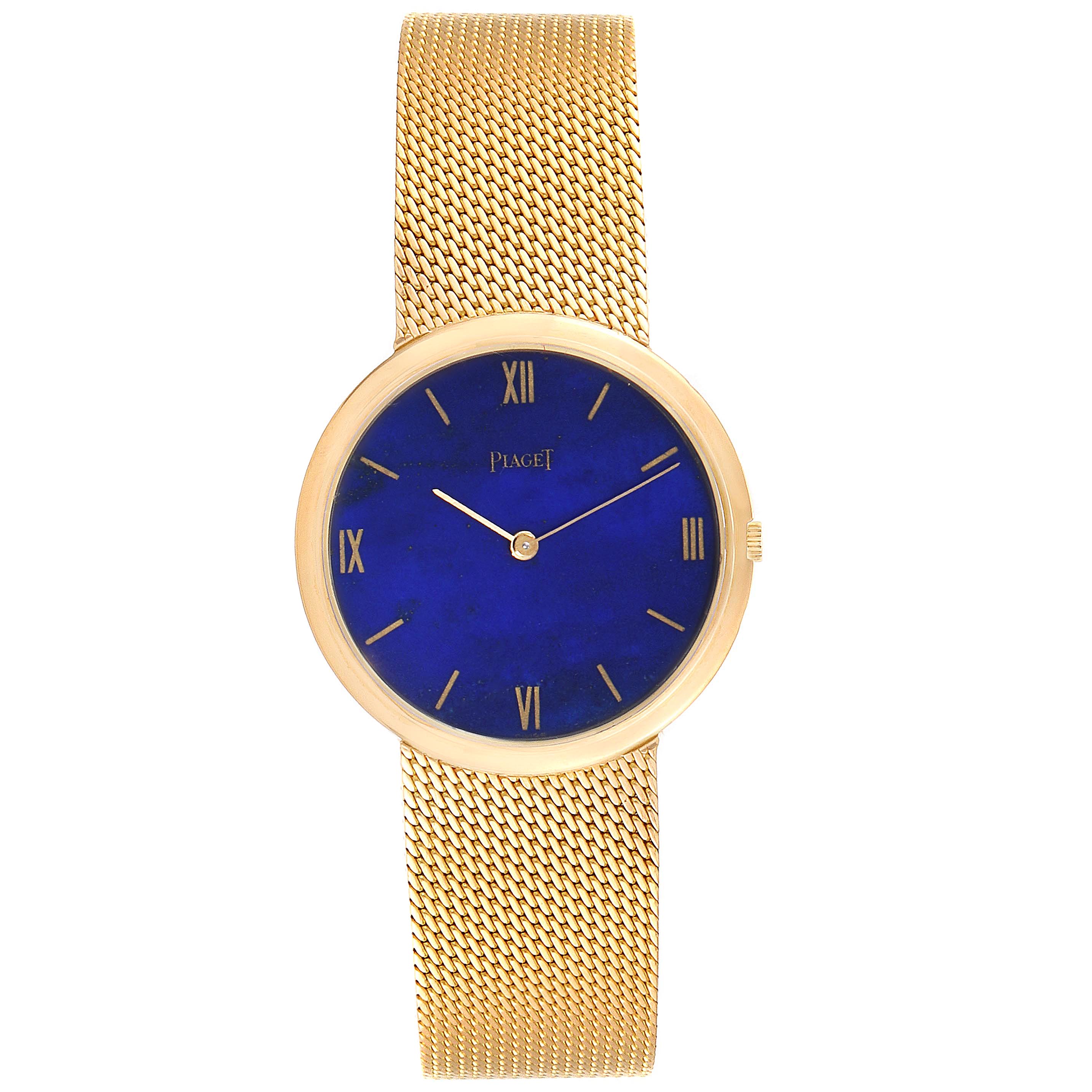 This image shows the front view of a Piaget 902B11 Men
s Yellow Gold Blue Dial 902B11 Men
s Yellow Gold Blue Dial 902B11 18k Yellow Gold Lapis Lazuli Dial Vintage Mens Watch.