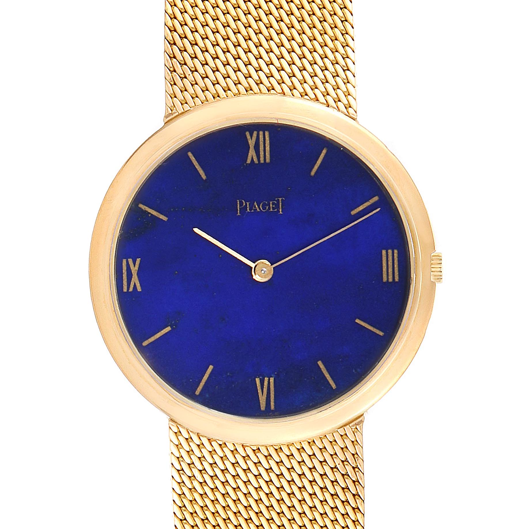 This image of the Piaget 902B11 Men
s Yellow Gold Blue Dial 902B11 Men
s Yellow Gold Blue Dial 902B11 model showcases the front view, featuring the lapis lazuli dial and gold mesh bracelet.
