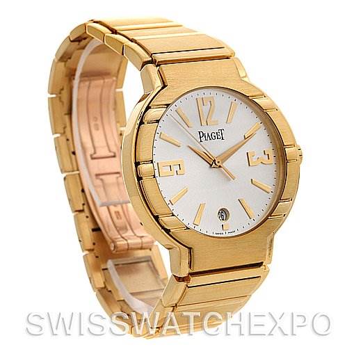 The image shows a Piaget GOA26021 Men's Yellow Gold Silver Dial GOA26021 Men's Yellow Gold Silver Dial Polo New Style Mens 18K Yellow Gold GOA26021 Watch angled to display the front face, bracelet, and clasp.