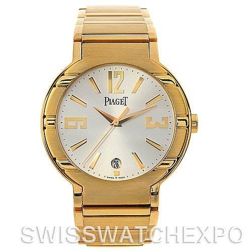 The image shows the front view of the Piaget GOA26021 Men's Yellow Gold Silver Dial GOA26021 Men's Yellow Gold Silver Dial Polo New Style Mens 18K Yellow Gold GOA26021 watch, highlighting the face and bracelet.