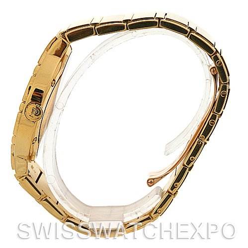 This image shows a side view of the Piaget GOA26021 Men's Yellow Gold Silver Dial GOA26021 Men's Yellow Gold Silver Dial Polo New Style Mens 18K Yellow Gold GOA26021 watch, highlighting the bracelet and clasp.