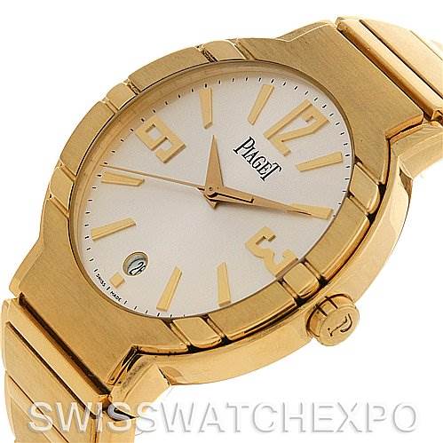 This image of the Piaget GOA26021 Men's Yellow Gold Silver Dial GOA26021 Men's Yellow Gold Silver Dial Polo New Style Mens 18K Yellow Gold GOA26021 Watch displays a tilted view showing the dial, bezel, and links.