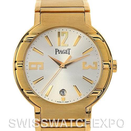 The Piaget GOA26021 Men's Yellow Gold Silver Dial GOA26021 Men's Yellow Gold Silver Dial Polo New Style Mens 18K Yellow Gold GOA26021 Watch is shown from a front angle, displaying the dial, hands, and bracelet.