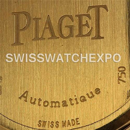 This image shows a close-up of the case back of the Piaget GOA26021 Men's Yellow Gold Silver Dial GOA26021 Men's Yellow Gold Silver Dial Polo New Style Mens 18K Yellow Gold GOA26021 watch.