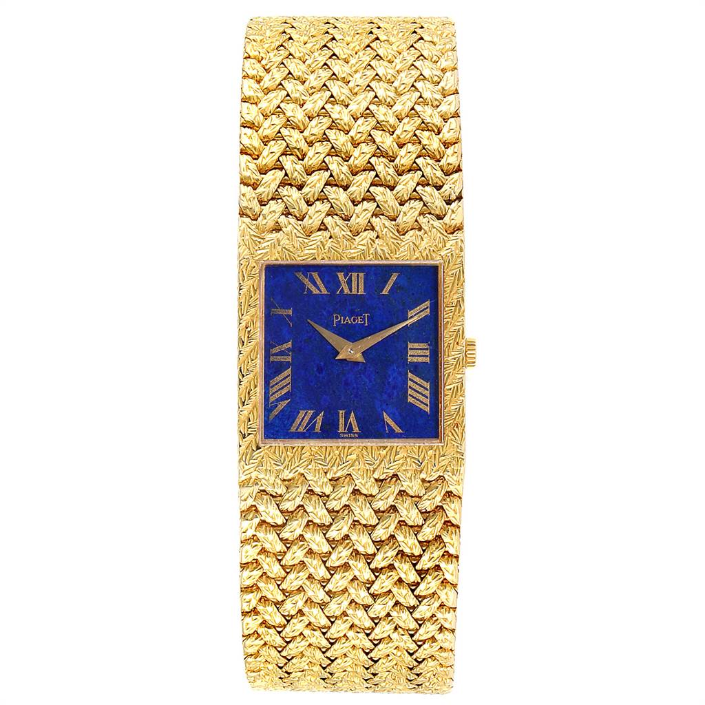 The image shows a frontal view of the Piaget 9352 Men's Yellow Gold Blue Dial 9352 Men's Yellow Gold Blue Dial 9352 Vintage Men's Watch with an 18k yellow gold woven band and a blue lapis lazuli dial.