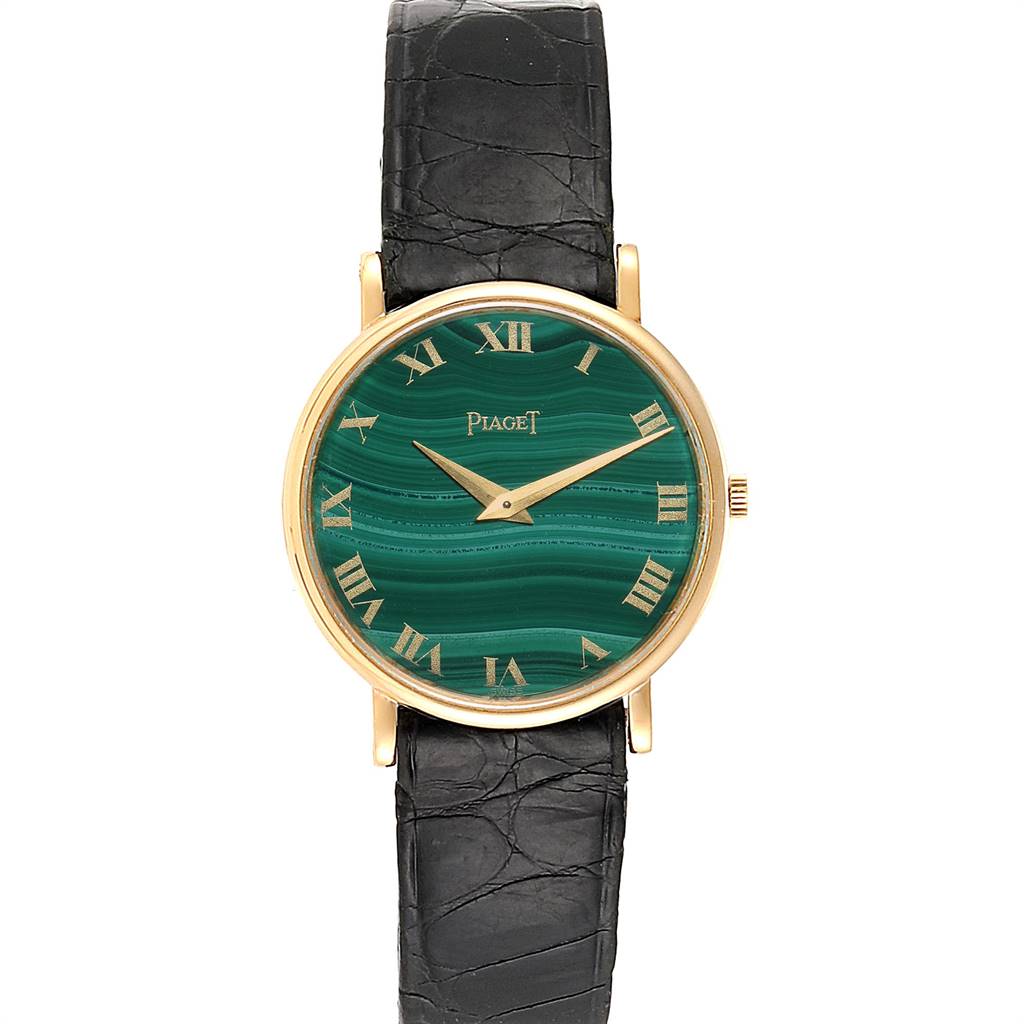 The image shows a Piaget 9015 Women's Yellow Gold Green Dial 9015 Women's Yellow Gold Green Dial 9015 Yellow Gold Malachite Dial Vintage Ladies Watch from a front angle, highlighting the dial, hands, and strap.