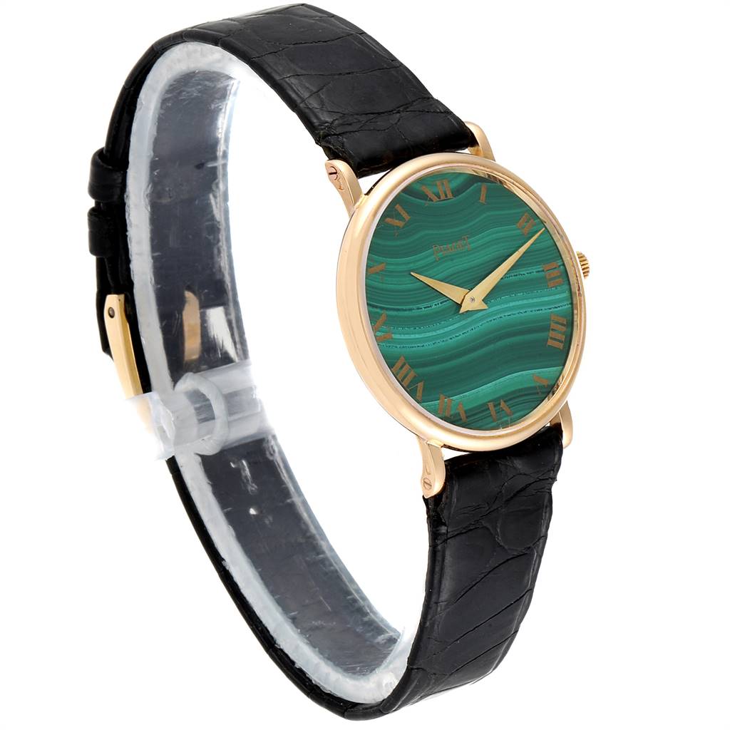The image shows a Piaget 9015 Women's Yellow Gold Green Dial 9015 Women's Yellow Gold Green Dial 9015 Yellow Gold Malachite Dial Vintage Ladies Watch at a three-quarter view angle, displaying the dial and strap.