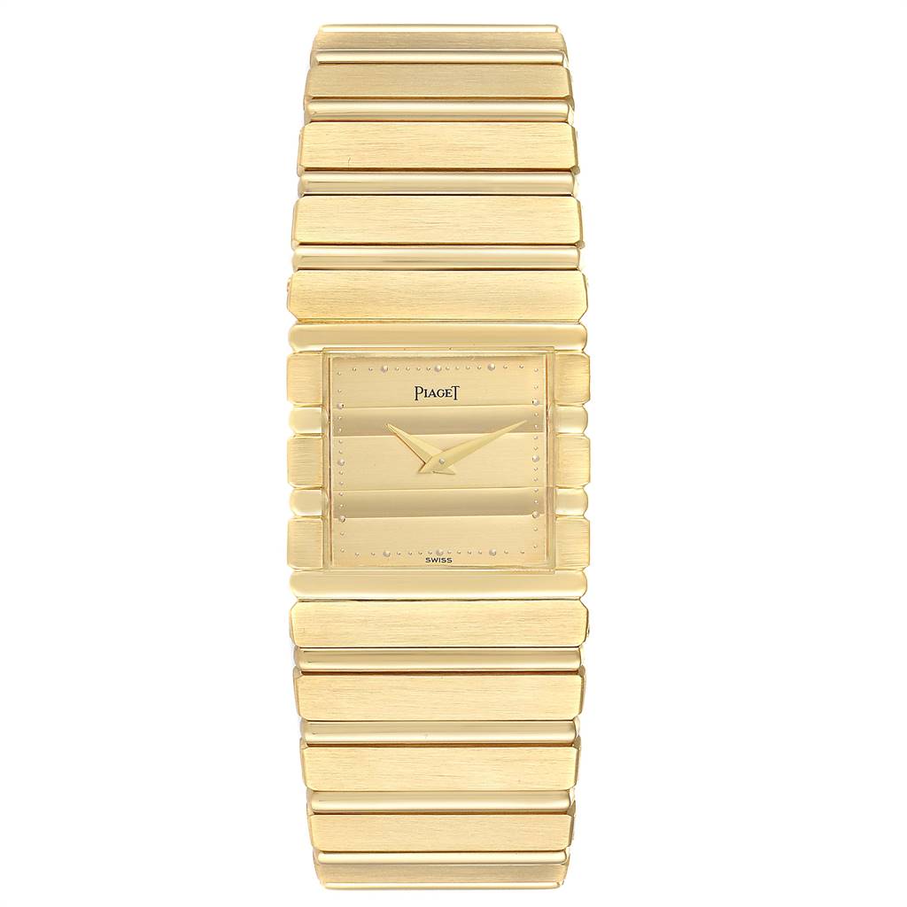 The Piaget 7131 C 701 Men's Yellow Gold Champagne Dial 7131 C 701 Men's Yellow Gold Champagne Dial Polo 18K Yellow Gold Men’s Watch 7131 model is shown from a top-down angle, displaying the full face and band.