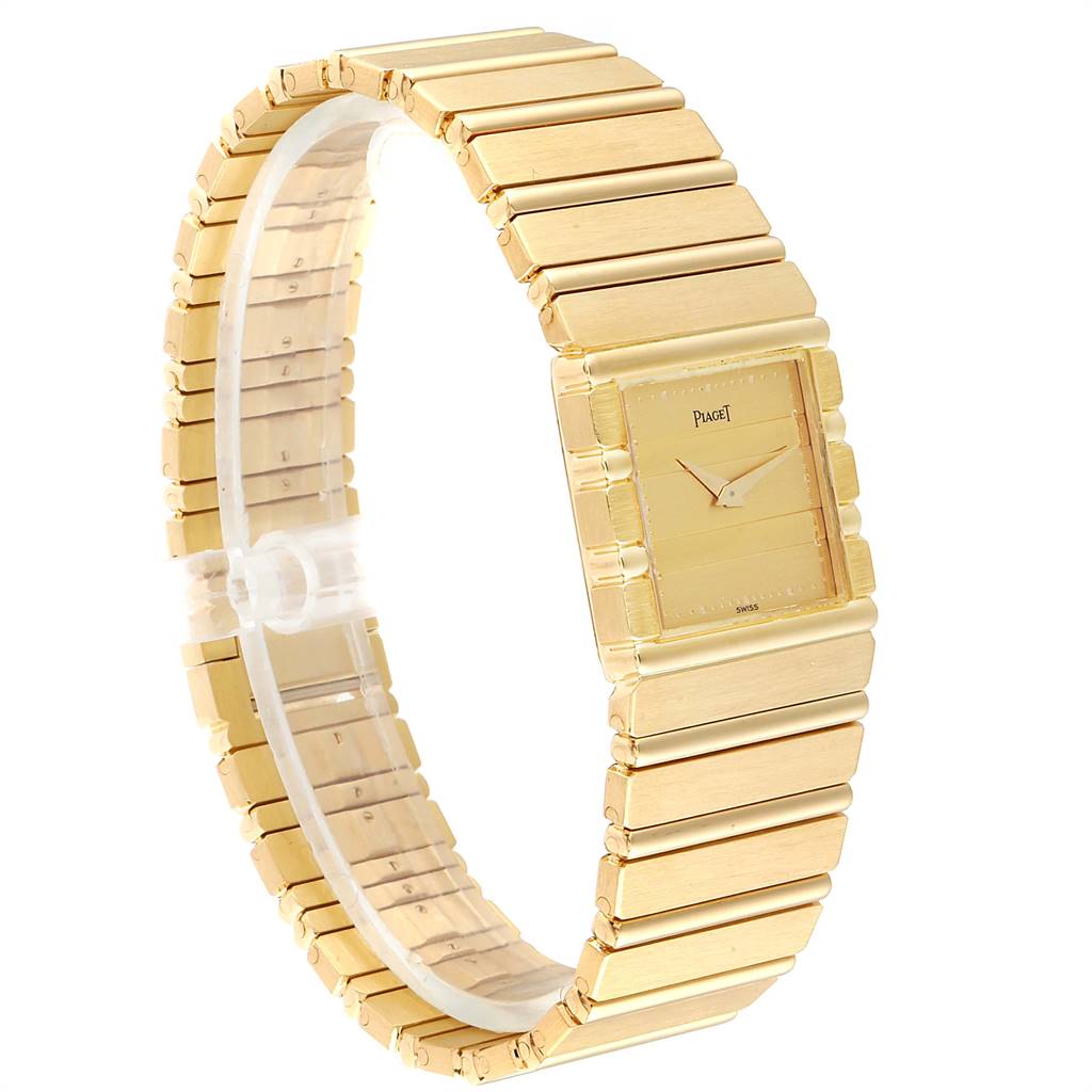 The image shows a side-angle view of the Piaget 7131 C 701 Men's Yellow Gold Champagne Dial 7131 C 701 Men's Yellow Gold Champagne Dial Polo 18K Yellow Gold Mens Watch 7131, highlighting its band and rectangular face.