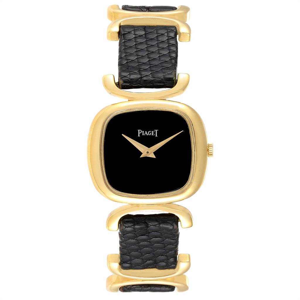 The image shows a front view of a Piaget 9451 Women's Yellow Gold Black Dial 9451 Women's Yellow Gold Black Dial Solo Tempo Yellow Gold Black Onyx Dial Vintage Ladies Watch 9451 model with a black leather strap.