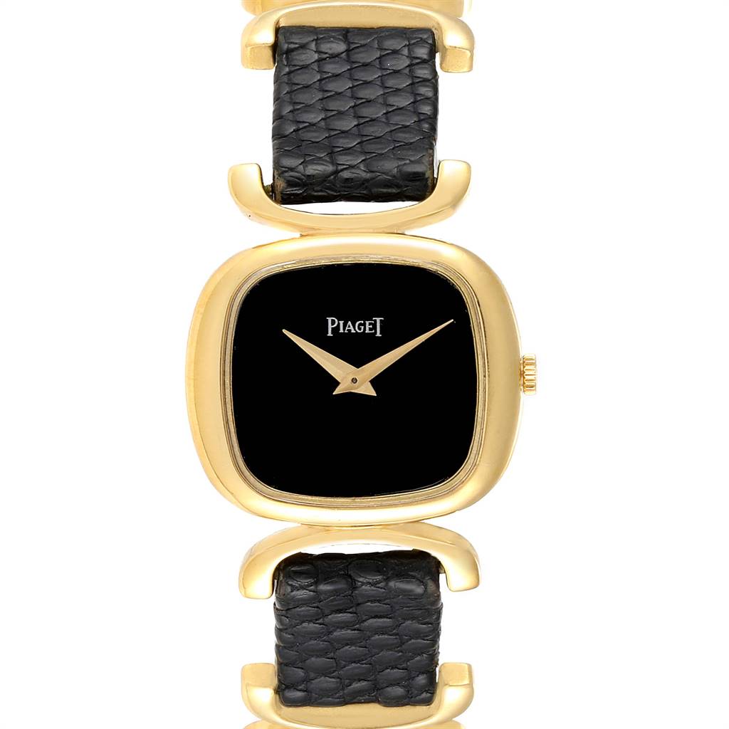The image shows a front view of a Piaget 9451 Women's Yellow Gold Black Dial 9451 Women's Yellow Gold Black Dial Solo Tempo Yellow Gold Black Onyx Dial Vintage Ladies Watch 9451, highlighting the dial and strap.