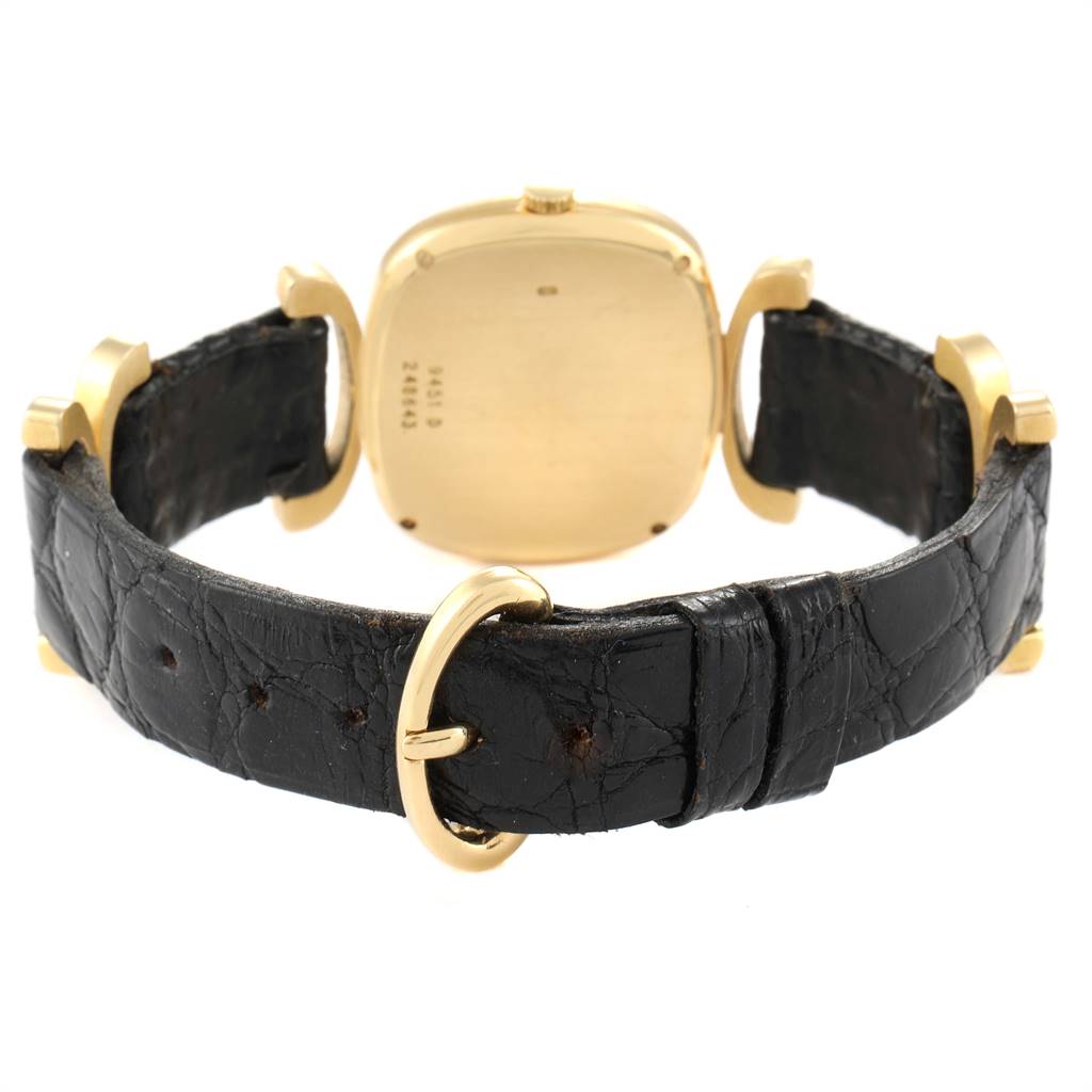 The image shows the back view of the Piaget 9451 Women's Yellow Gold Black Dial 9451 Women's Yellow Gold Black Dial Solo Tempo Yellow Gold Black Onyx Dial Vintage Ladies Watch 9451, highlighting its strap and case back.