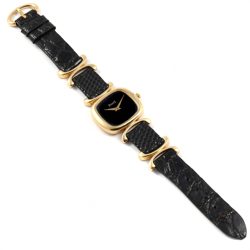 The image shows the Piaget 9451 Women's Yellow Gold Black Dial 9451 Women's Yellow Gold Black Dial Solo Tempo Yellow Gold Black Onyx Dial Vintage Ladies Watch 9451 model from a top-down angle.