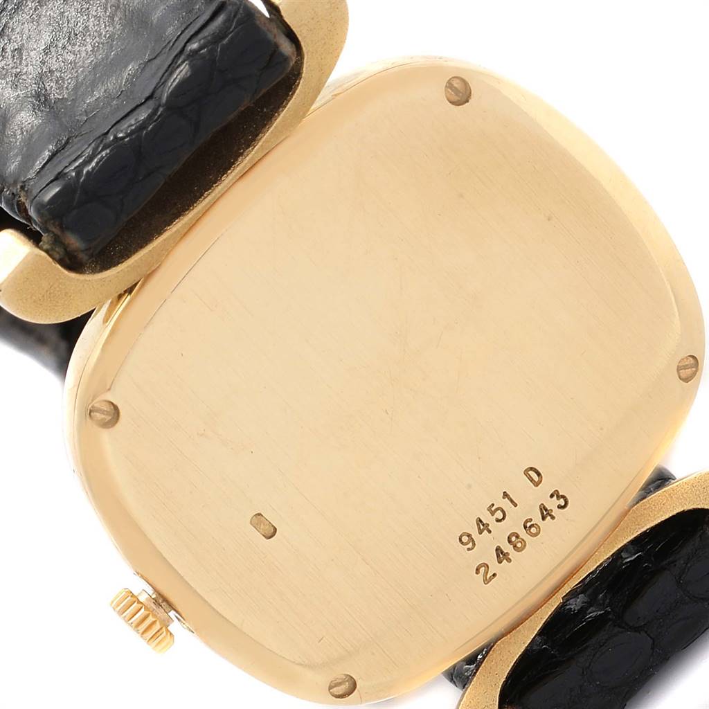 The image shows the back case of the Piaget 9451 Women's Yellow Gold Black Dial 9451 Women's Yellow Gold Black Dial Solo Tempo Yellow Gold Black Onyx Dial Vintage Ladies Watch model 9451.