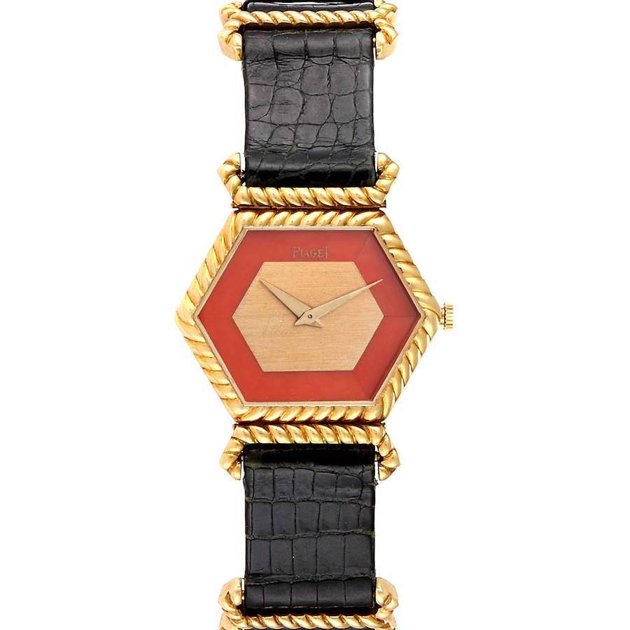 Piaget 18K Yellow Gold Coral Dial Hexagonal Vintage Ladies Watch 9559 SwissWatchExpo