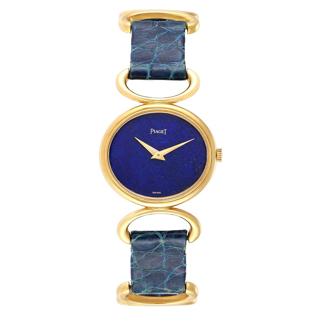 The image shows a top view of a Piaget 9451 Women's Yellow Gold Blue Dial 9451 Women's Yellow Gold Blue Dial Classique Yellow Gold Lapis Dial Vintage Ladies Watch 9451 with its strap and dial visible.